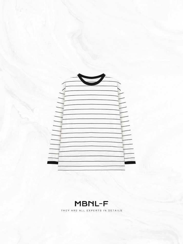 

High-Defn Cotton Blend Long Sve T-irt round Ne Striped MBNLF Japanese Sle Loose Fit Neutral Sle Women's Top