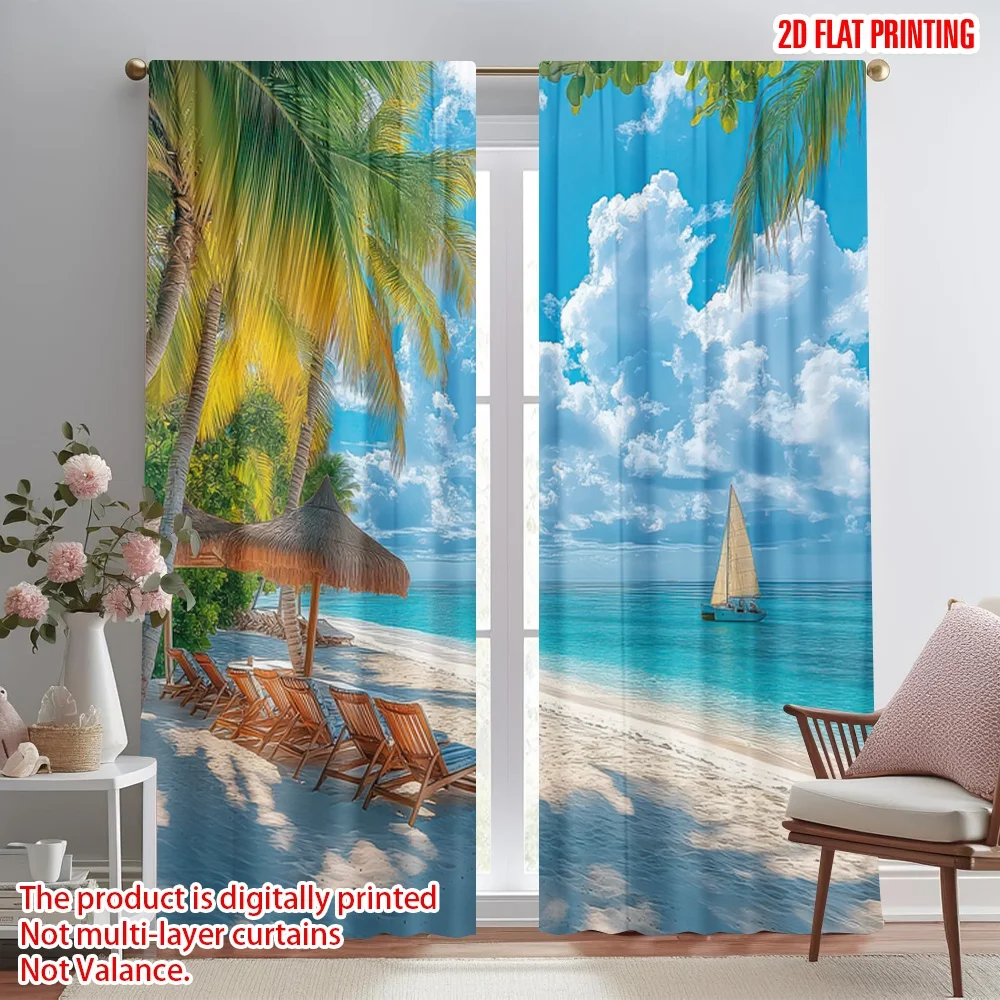 

2D flat printing 2pcs Drapes Tropical Beach with Sailboat Digital Printed Polyester Drapes Birthday Party Perfect for Holiday