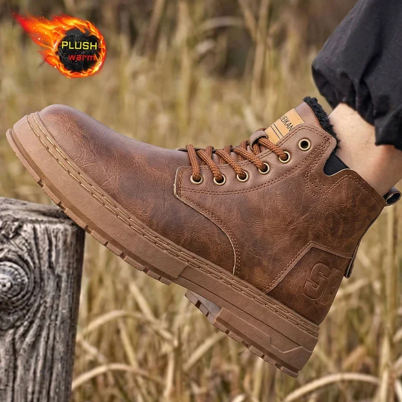 Men Winter Snow Boots Plush Lined High‑Top Faux Leather Anti‑Slip Thick Sole Shoes For Snow Day Commute Street Casual Outing