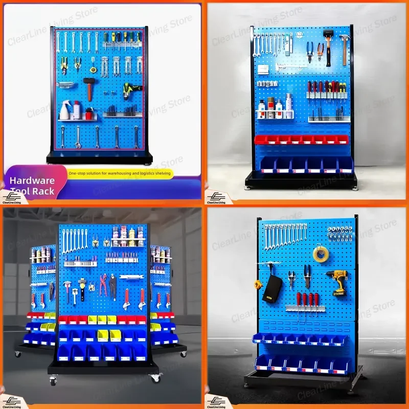 Double Sided Tool Storage Rack Screw Organizer Pegboard Wall Mount Mobile Cart Hardware Parts Holder Workshop Tidy Shelf