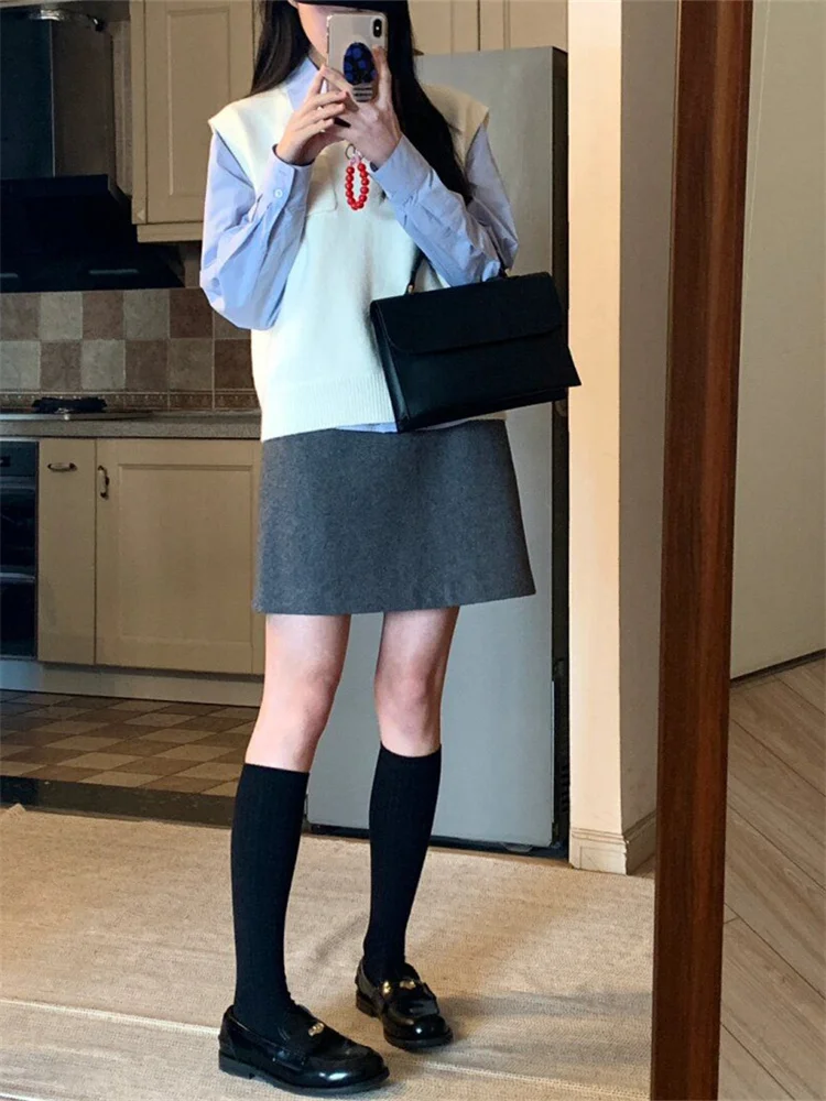 

Американская шерстяная юбка American Sle Spicy Girl для женщин, весна-осень, большие размеры, для фигуры типа «груша», с высокой талией, облегающая, А-силуэт, короткая юбка