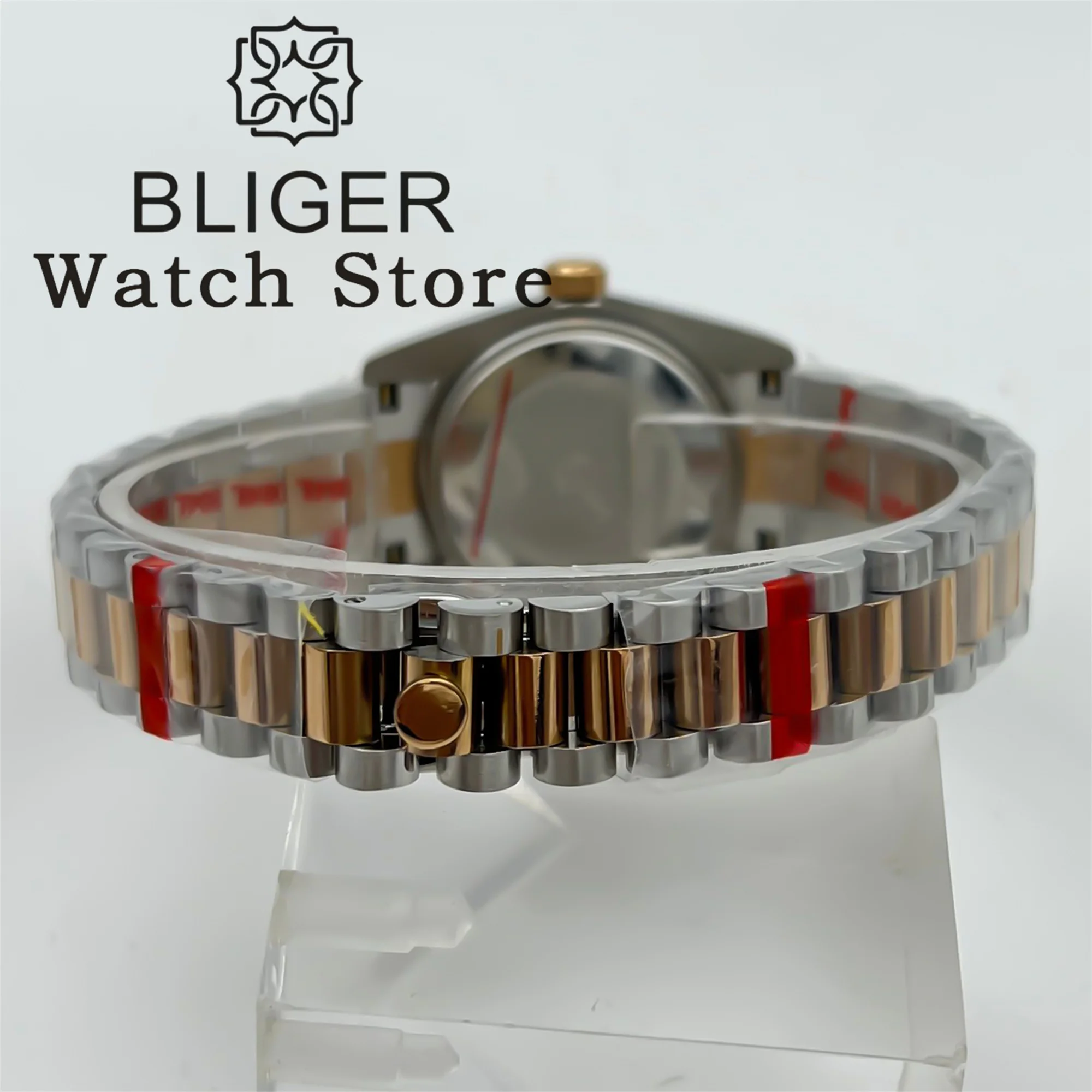 BLIGER 31mm Two Tone Rose Gold Mechanical Lady Watch NH05 Movement Curved Fluted Bezel Rose Gold/Pearl Shell Dial Sapphire Glass