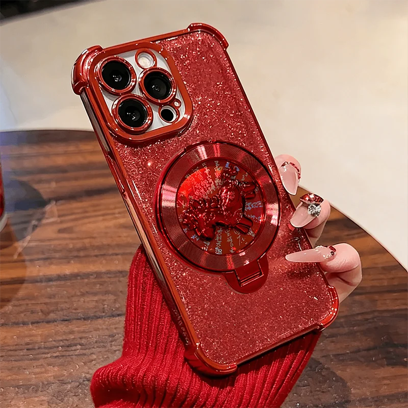 

For iPhone 17 16 15 14 13 12 11 Pro Max Case with Stand Red Horse Year Phone Cases Electroplating Transparent Cover
