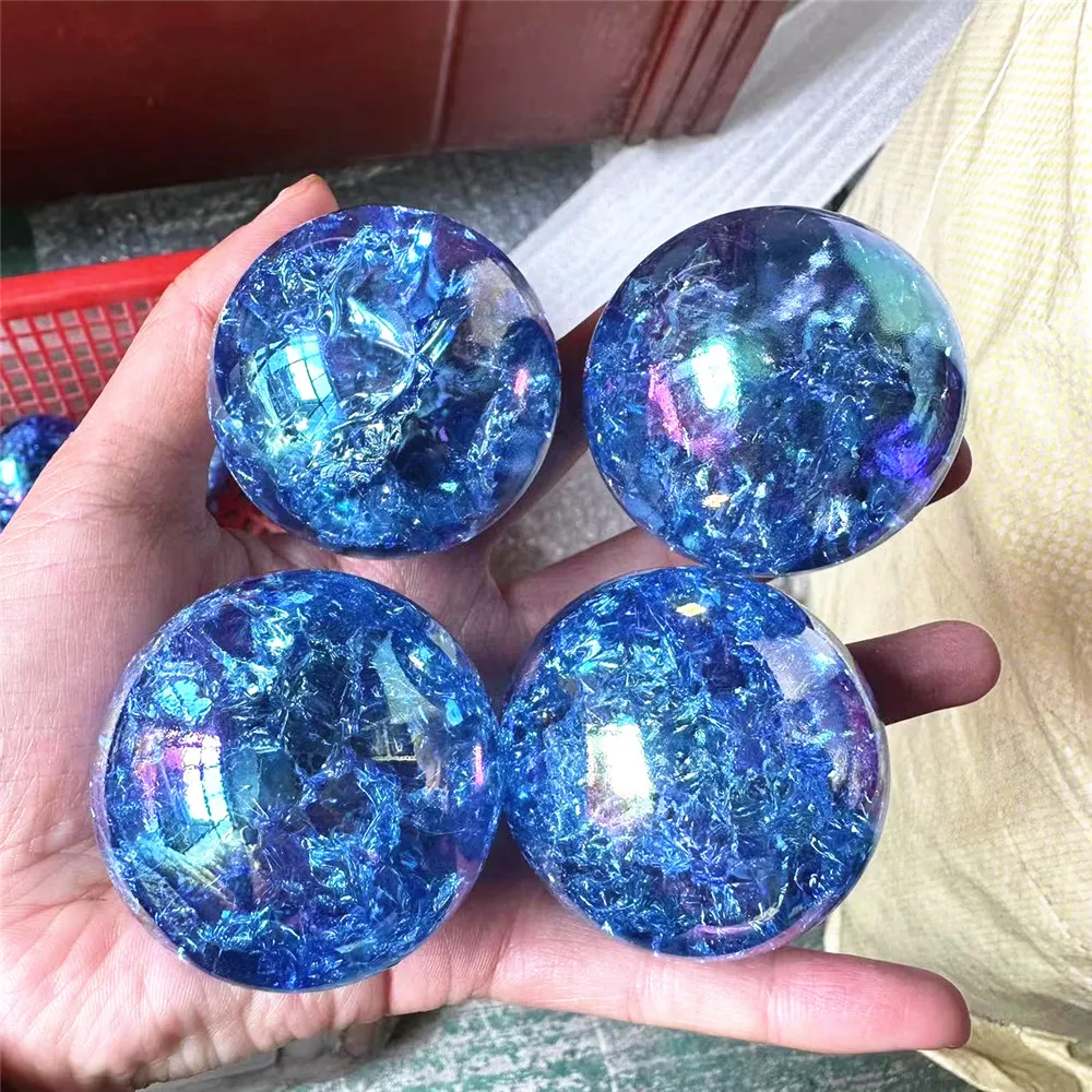 

Glass Healing Stones Blue Aura Crackle Stone Sphere For Home Decoration