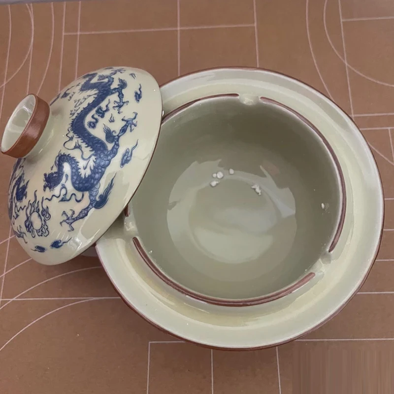 

Chinese style Ceramic With Cover Ashtray, Home Living Room Office Decoration, Anti Fly Ash Dragon/Blessing Pattern Ashtrays, 1Pc