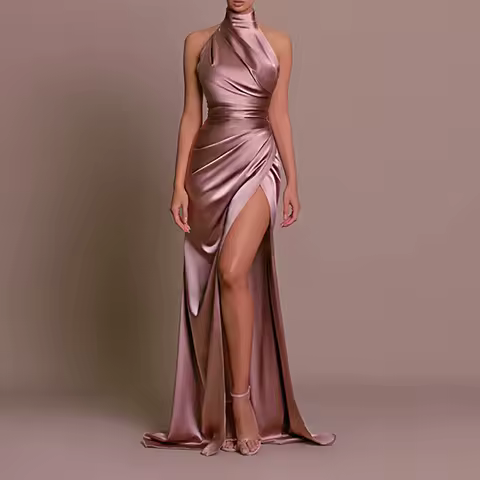 Summer New Half High Collar Halter Dress Elegant Slim Sleeveless Satin Evening Dress Chic Solid High Split Pleated Banquet Dress