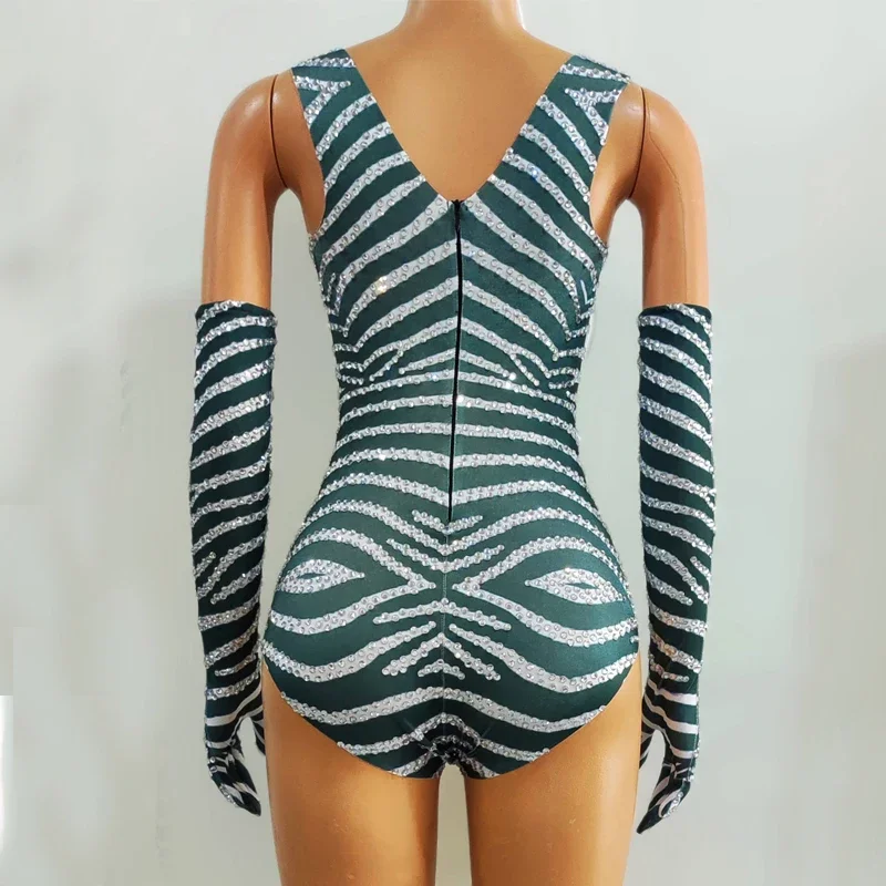 여성 섹시한 고고 댄스 의상 스트라이프 라인 석 바디 슈트 Golves 재즈 댄스 복장 바 나이트 클럽 Ds Dj Rave Wear XS7432