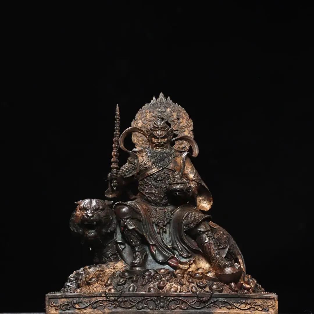 Tibetan antique brass Liu Tuo gold painting Zhao Gongming Buddha statue Home Hall indoor incense case ornament supplies 21cm