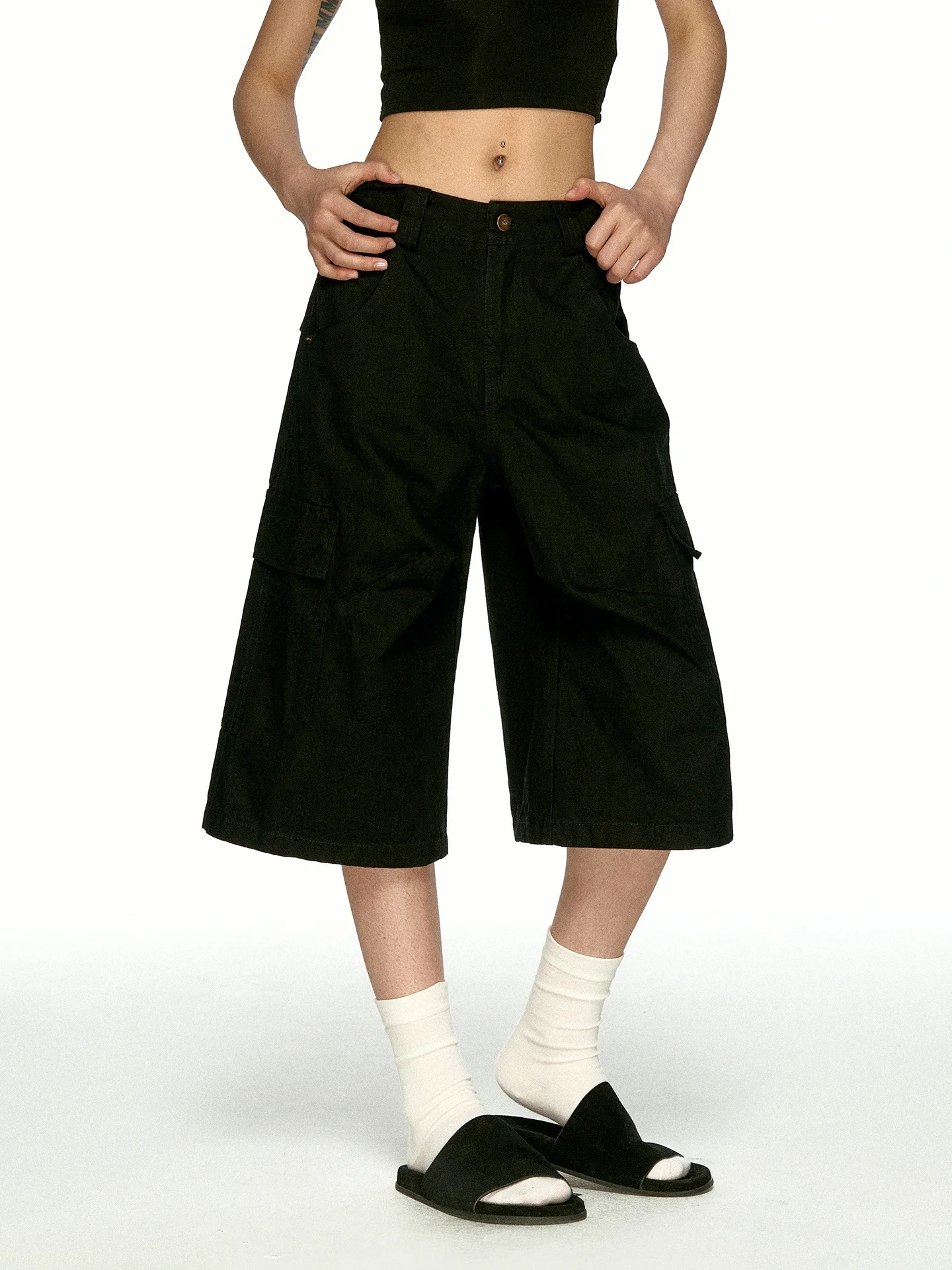 Aaisup Black Workwear Style Multi-Pocket Five-Track Pants Women Summer Design Loose Straight Leg Casual Trousers