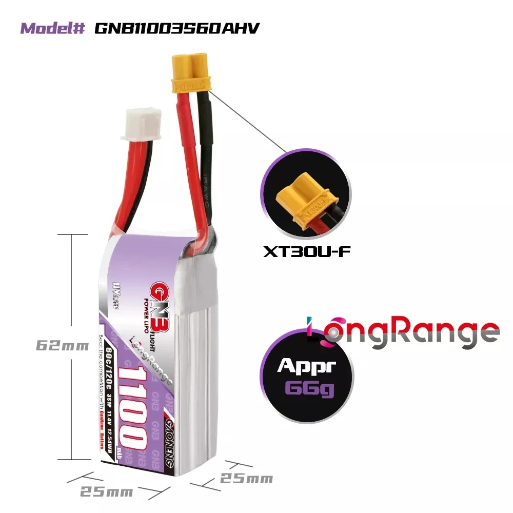 Gaoneng GNB 1100 mAh 60C 2S 3S 4S 5S 6S 7,6 V 11,4 V 15,2 V 19,0 V 22,8 V Lipo-Akku mit großer Reichweite und XT30-Stecker für FPV-Renndrohne