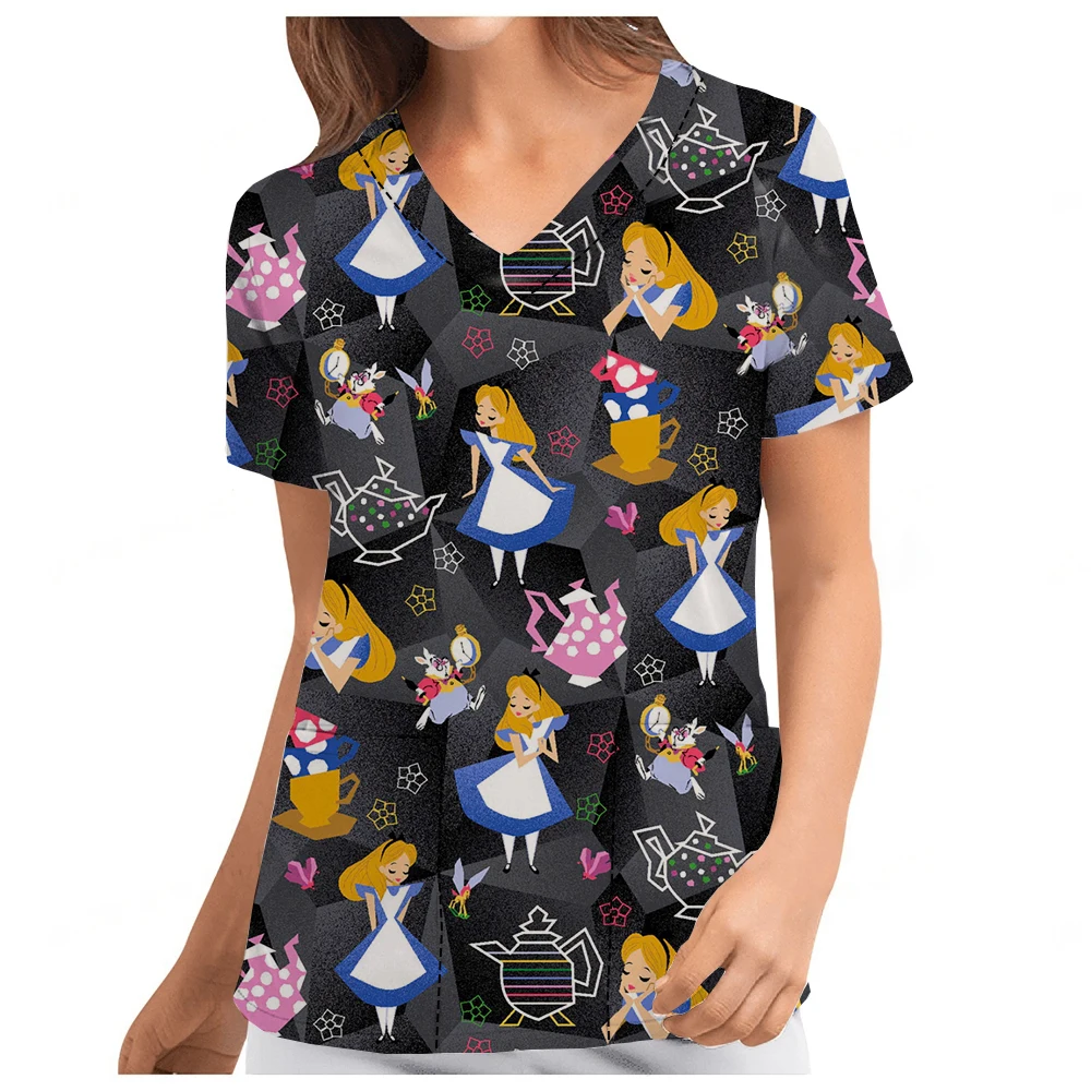 

New Women's Nurse Uniform Disney Stitch Alice Nursing V-neck Pocket Scrub Top Printed Dental Beauty Salon T-Shirt