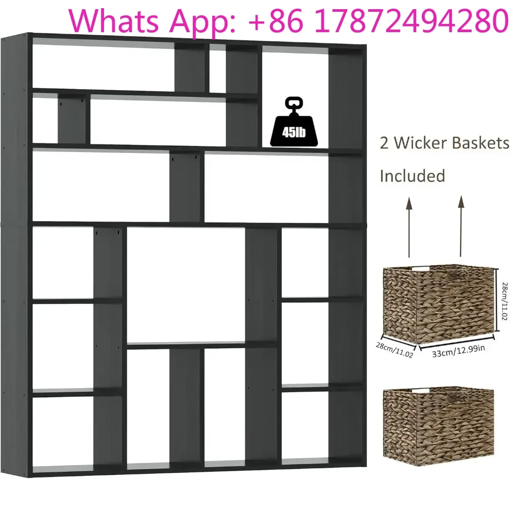 Large Bookcase with 6 Open Shelves & 2 Baskets - Heavy Duty Storage Shelf