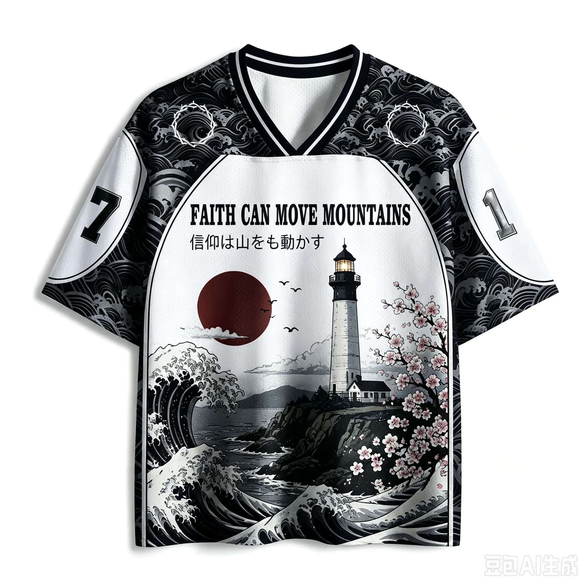 Latest Ukiyo-e Wave Lighthouse Fuji Mountain Jersey V-neck Loose Sports Oversized Loose Breathable T-shirt 3