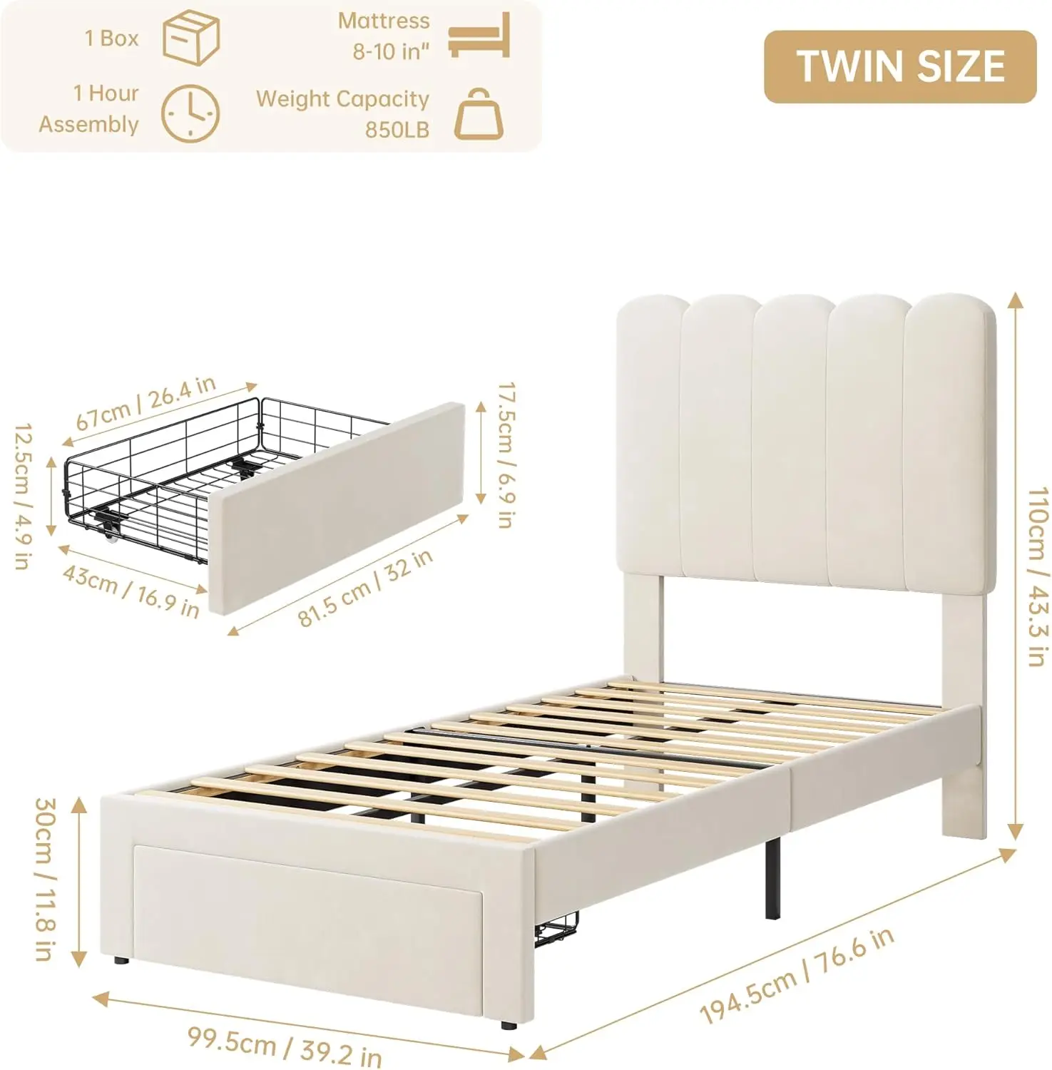 Twin Bed Frame with Storage Drawer and Headboard, Velvet Upholstered Twin Platform Bed Frame for Girls, Strong Wooden Slats Supp