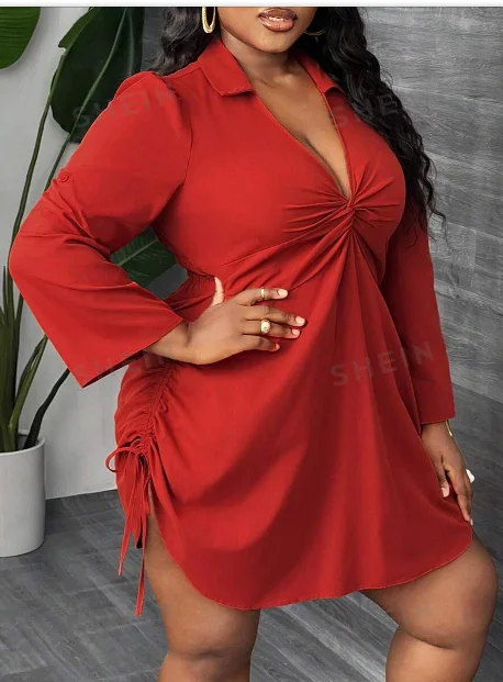 Women Plus Size Collared Twist Front Long Sleeve Dress Side Drawstring Ruched Hem V Neck Casual Party Short Dress For Curvy Ladi