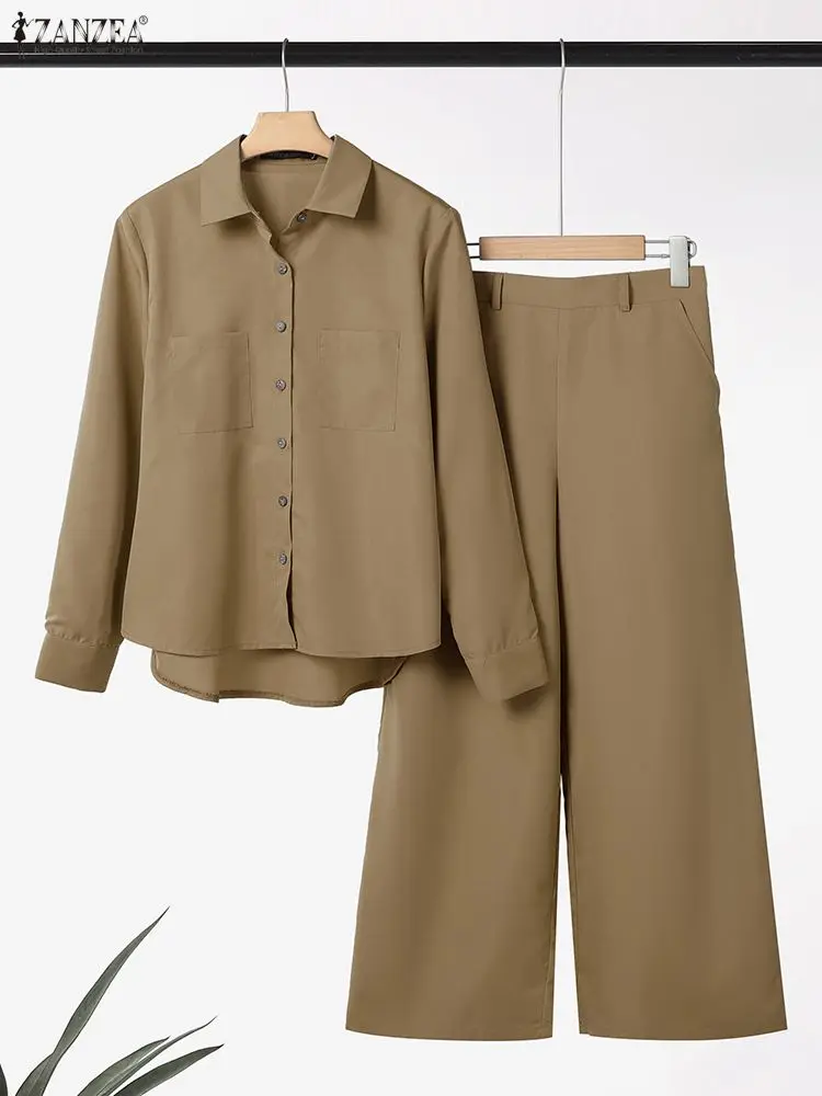 

Женские повседневные комплекты из 2 предметов: рубашки с длинными рукавами и широкие брюки, однотонные костюмы ZANZEA 2025, осенняя одежда для поездок на работу