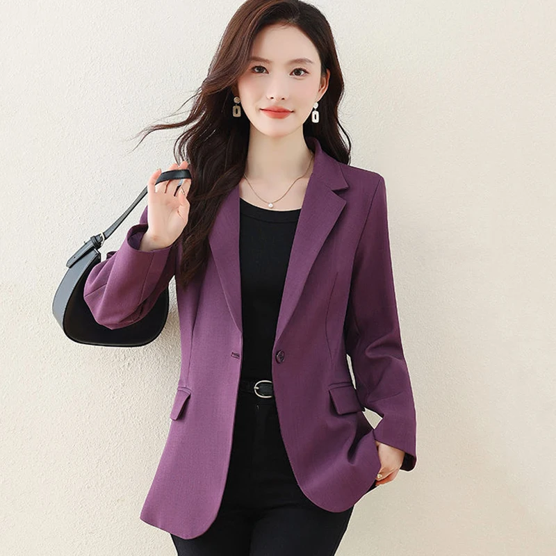 คลาสสิกสีทึบปุ่มเดียว Blazer สําหรับผู้หญิงฤดูใบไม้ผลิฤดูใบไม้ร่วงเปิดลงปกชุดสูทแจ็คเก็ตผู้หญิง Slim เสื้อแขนยาว