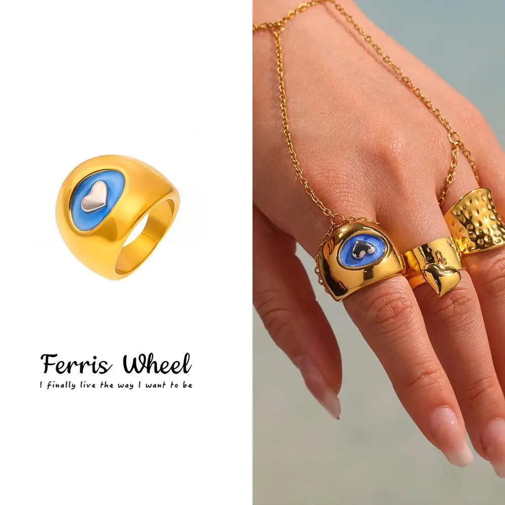 

Массивные кольца из титановой стали для женщин, с покрытием из 8-каратного золота, не тускнеющие, с дизайном «Капля масла» и «Сердце», модные ювелирные украшения и аксессуары