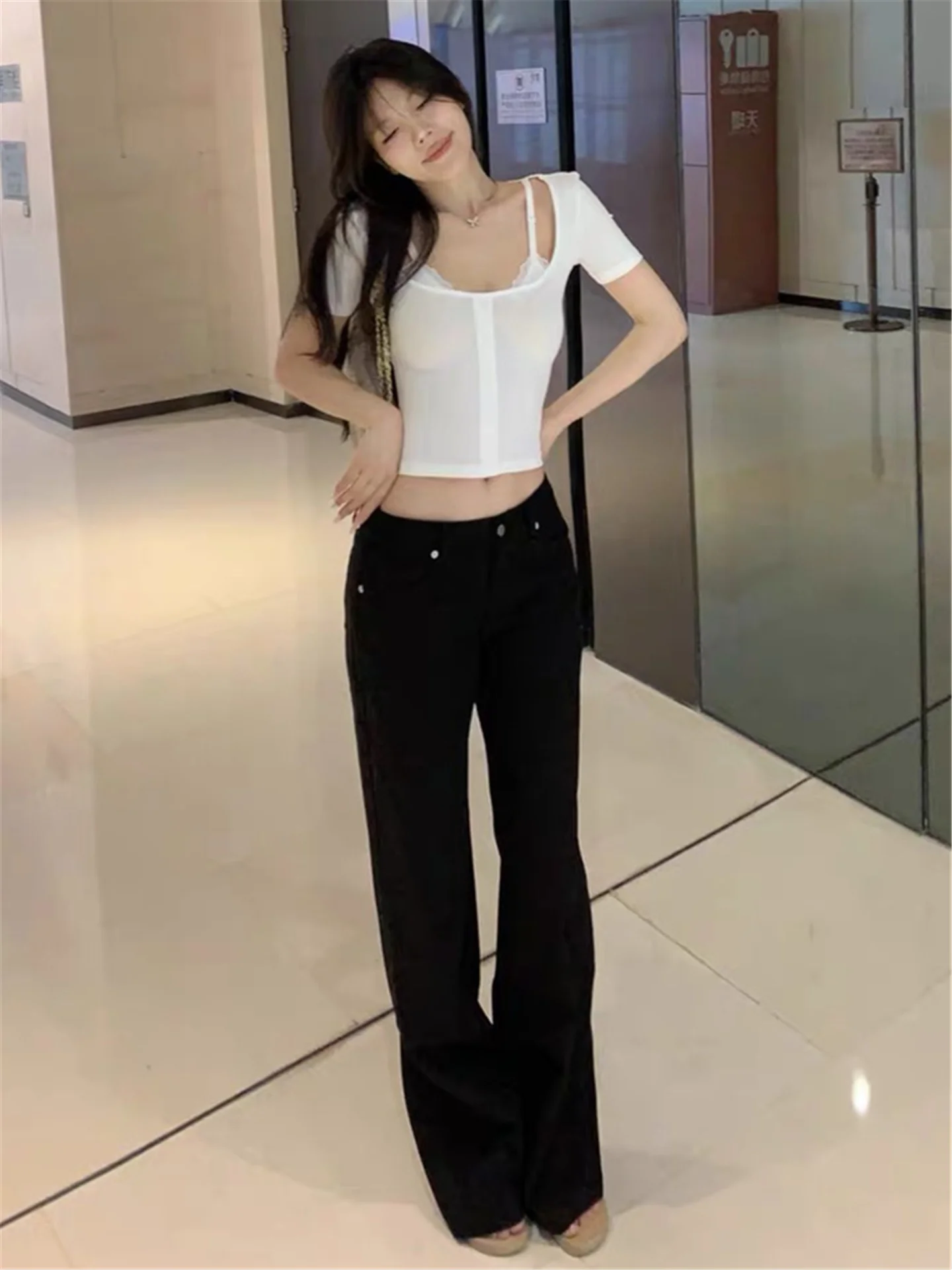 

Extended Long Black Slim Low Waist Wide Leg Jeans Women's Spring Autumn Loose Slimming Drapey Straight Casual Pants