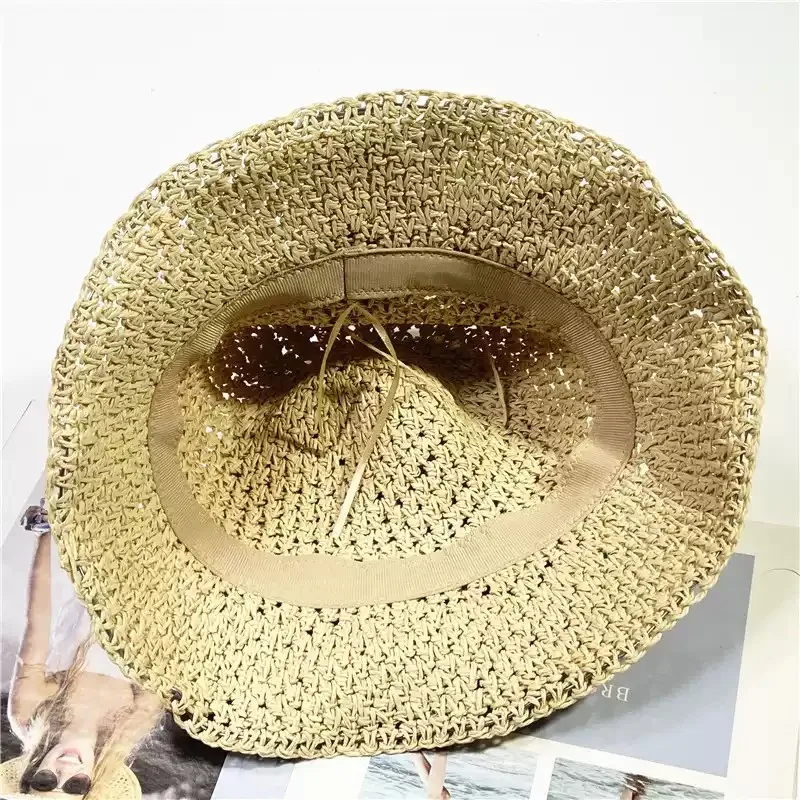 قبعة شمس من القش قابلة للطي بحافة واسعة للحماية من الأشعة فوق البنفسجية للنساء، قبعة بنما مصنوعة يدويًا بفيونكة، لرحلات الشاطئ ودرع الشمس في الهواء الطلق #6
