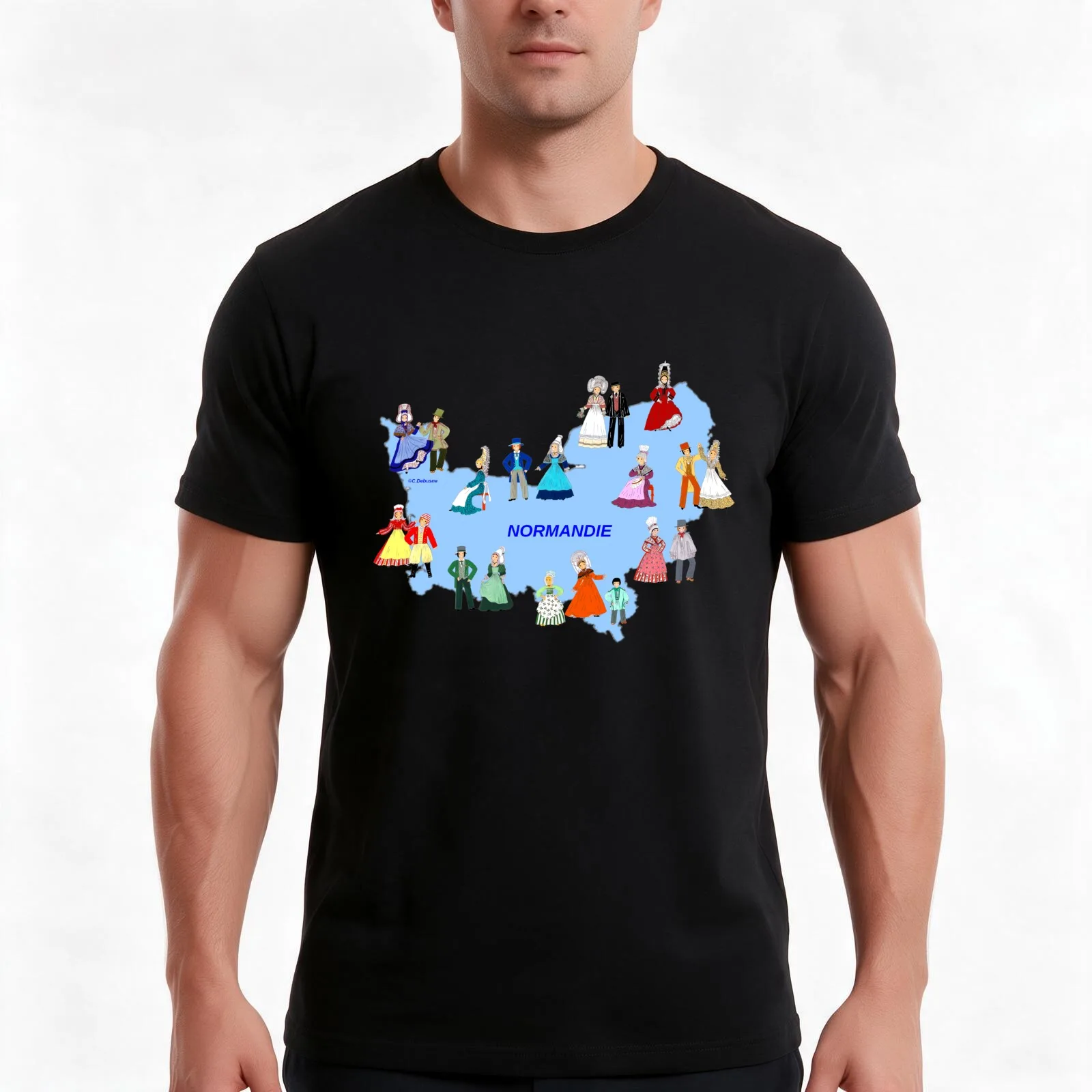 Map of Normandy and some traditional costumes. la France T-Shirt, Cool Short Sleeve T Shirt, Loose Casual Summer Unisex Top