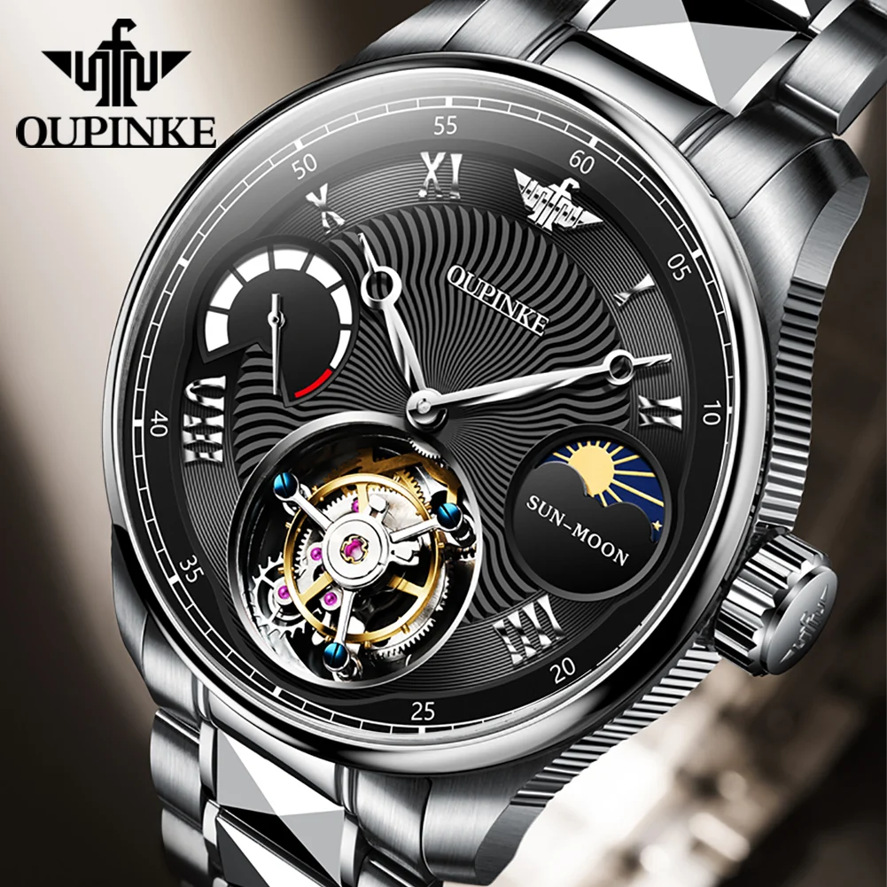 OUPINKE 8001 Men Watch Top Brand Luxury Men's Automatic Watch Sapphire Mirror Skeleton Tourbillon Mechanical Movement Men Watch