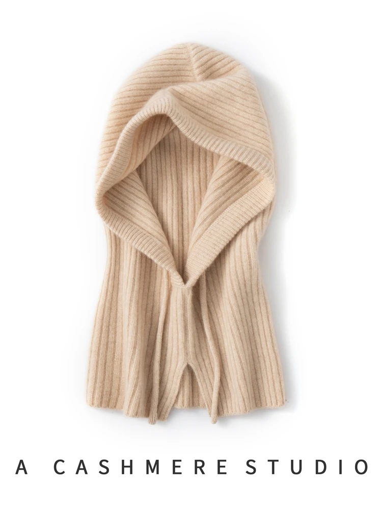 Autumn Winter Women Cashmere Hat Drawstring Jacquard Warm Beanies Cap Balaclava Hat Unisex Neck Scarf Bonnet 100% Cashmere Knit