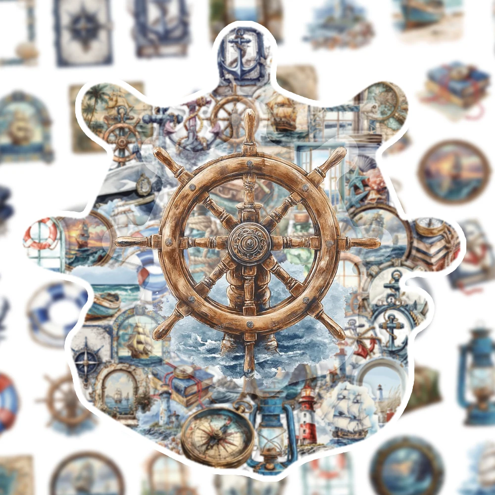 50PCS Classic Art Retro Navigation PET Sticker Creative Personality Boat Rudder Lifebuoy Coal Oil Lamp Collection Gift Decor