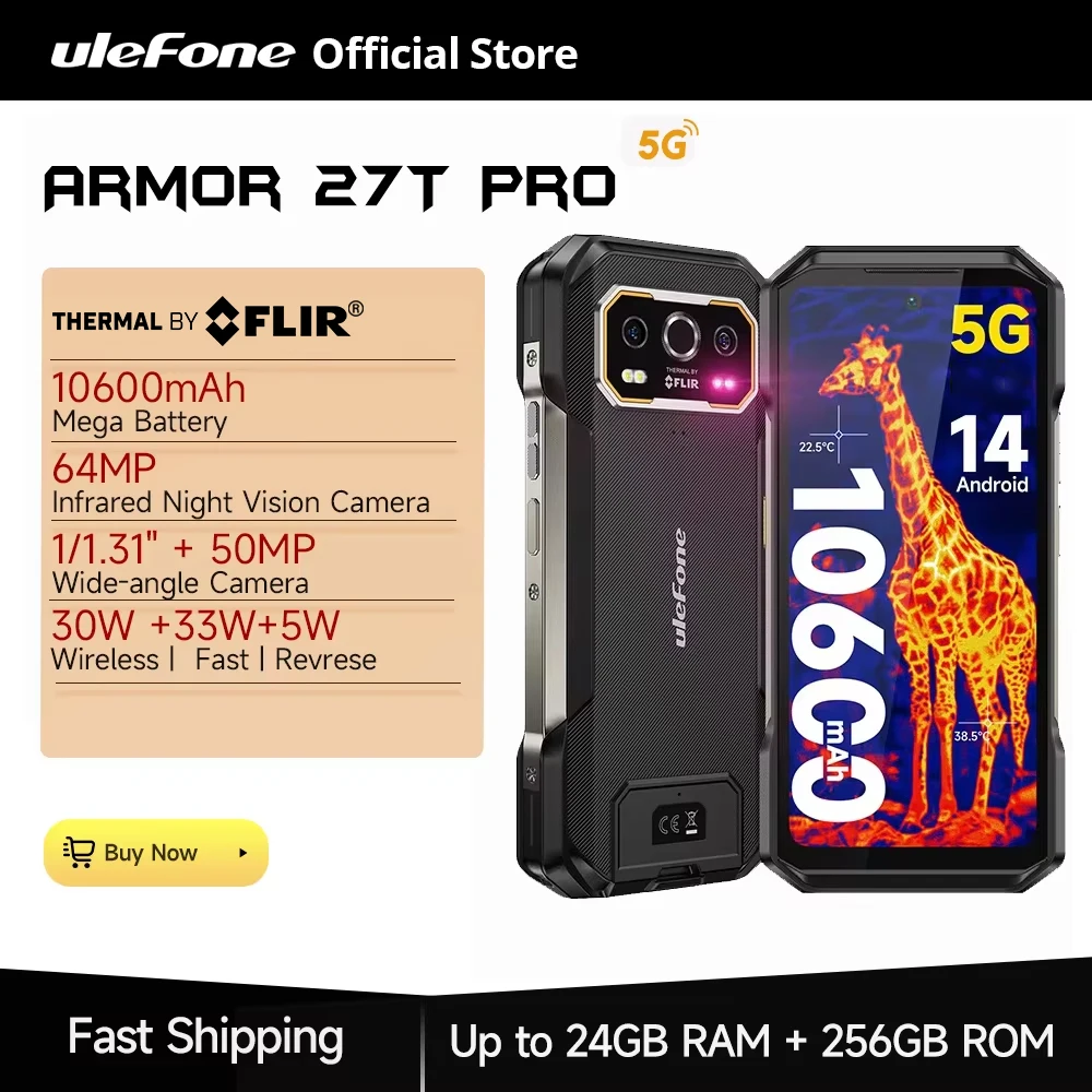 Ulefone Armor 27T Pro 5G THERMAL BY FLIR® Wytrzymały telefon 10600mAh Android 14 Smartfon 64MP 6,78" 24 GB + 256 GB NFC Telefon komórkowy