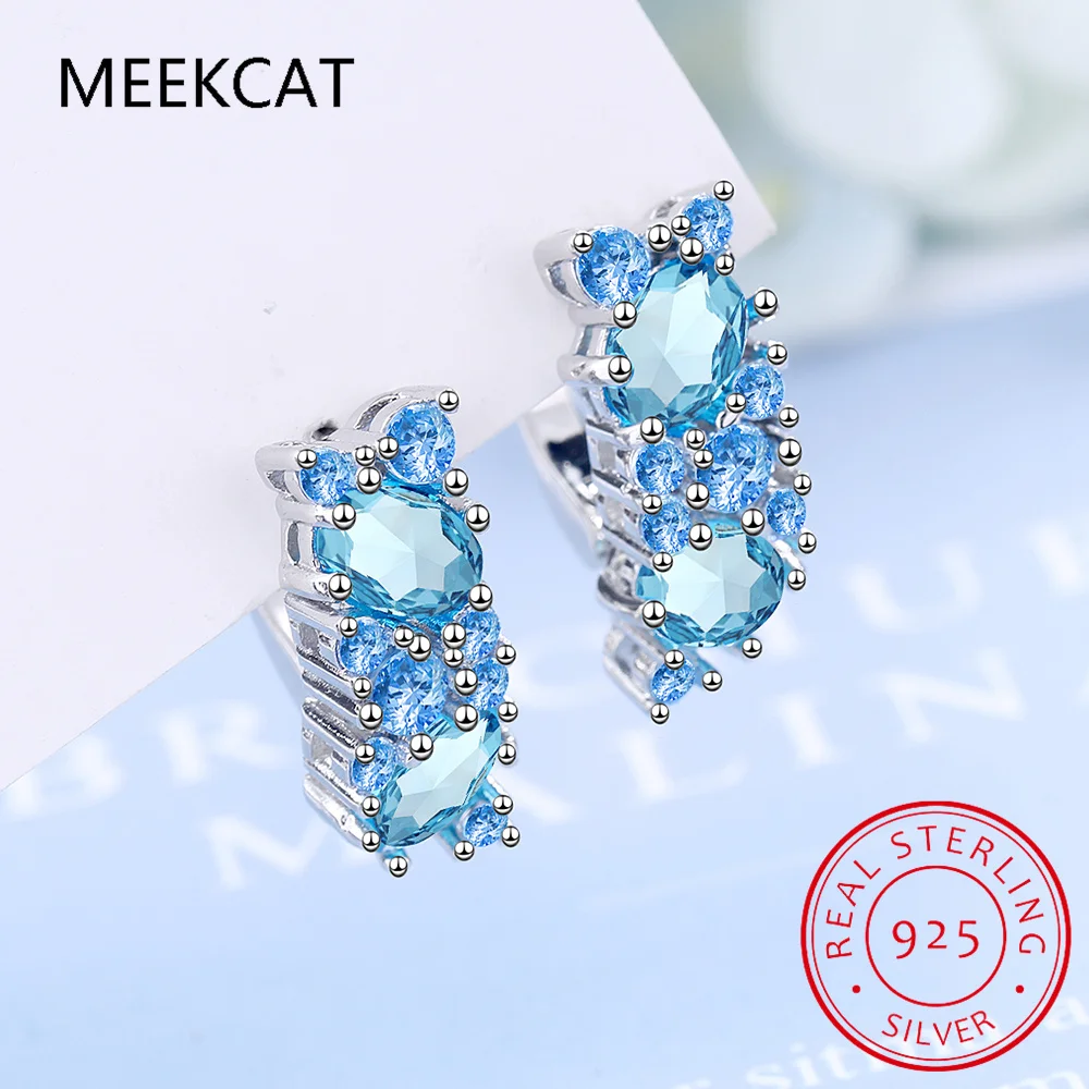 Oval Genuine Natural Blue Topaz 925 Sterling Silver Stud Earrings for Women Fashion Statement Gemstone Jewelry