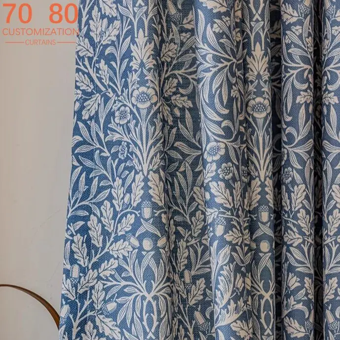 

Chinese Blue and White Blue Printing Cotton and Linen Curtains for Living Room Bedroom Study French Window Customized Products