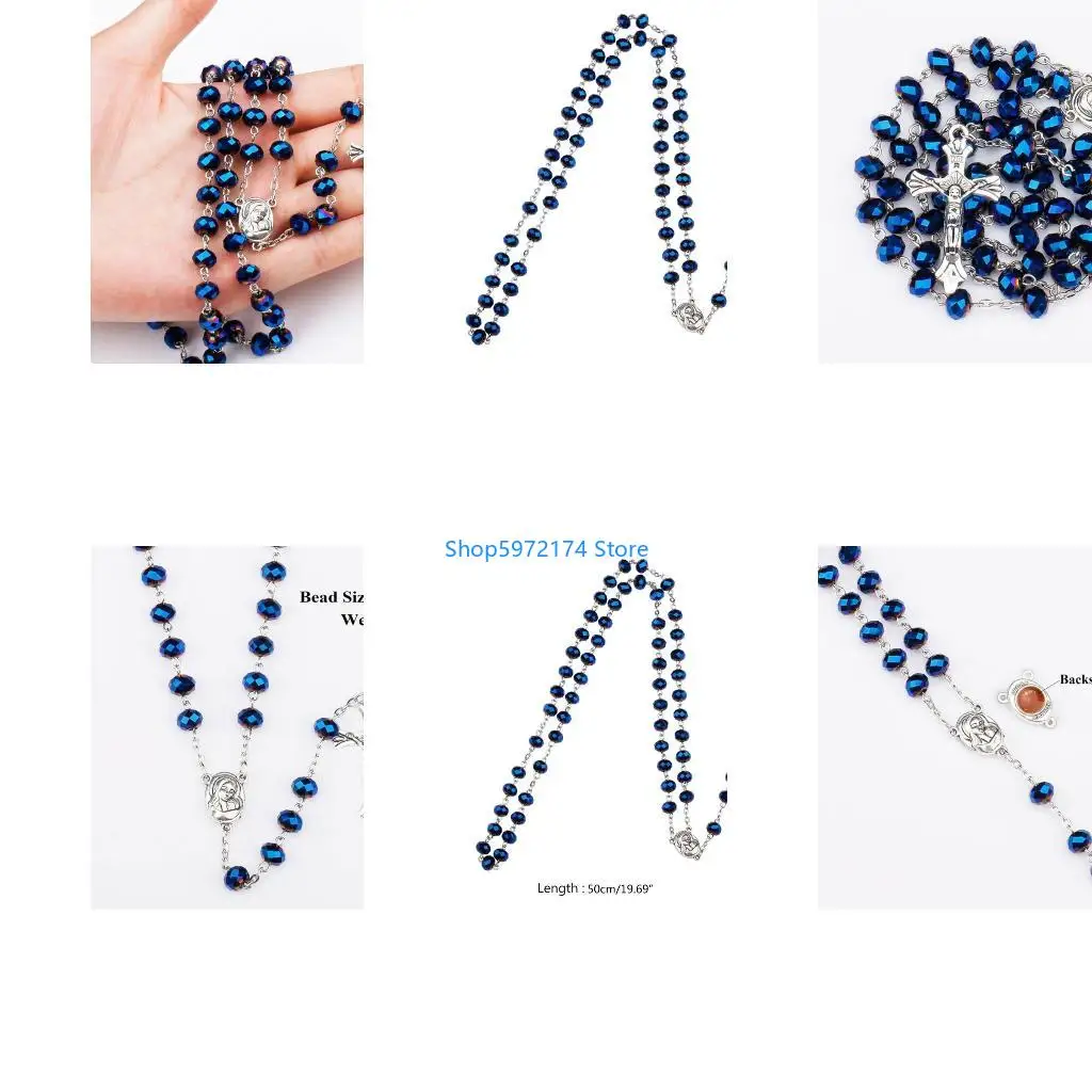 Y3NB Blue Crystal Beads Catholic Rosary Necklace Holy Land Baby Religious for Cross