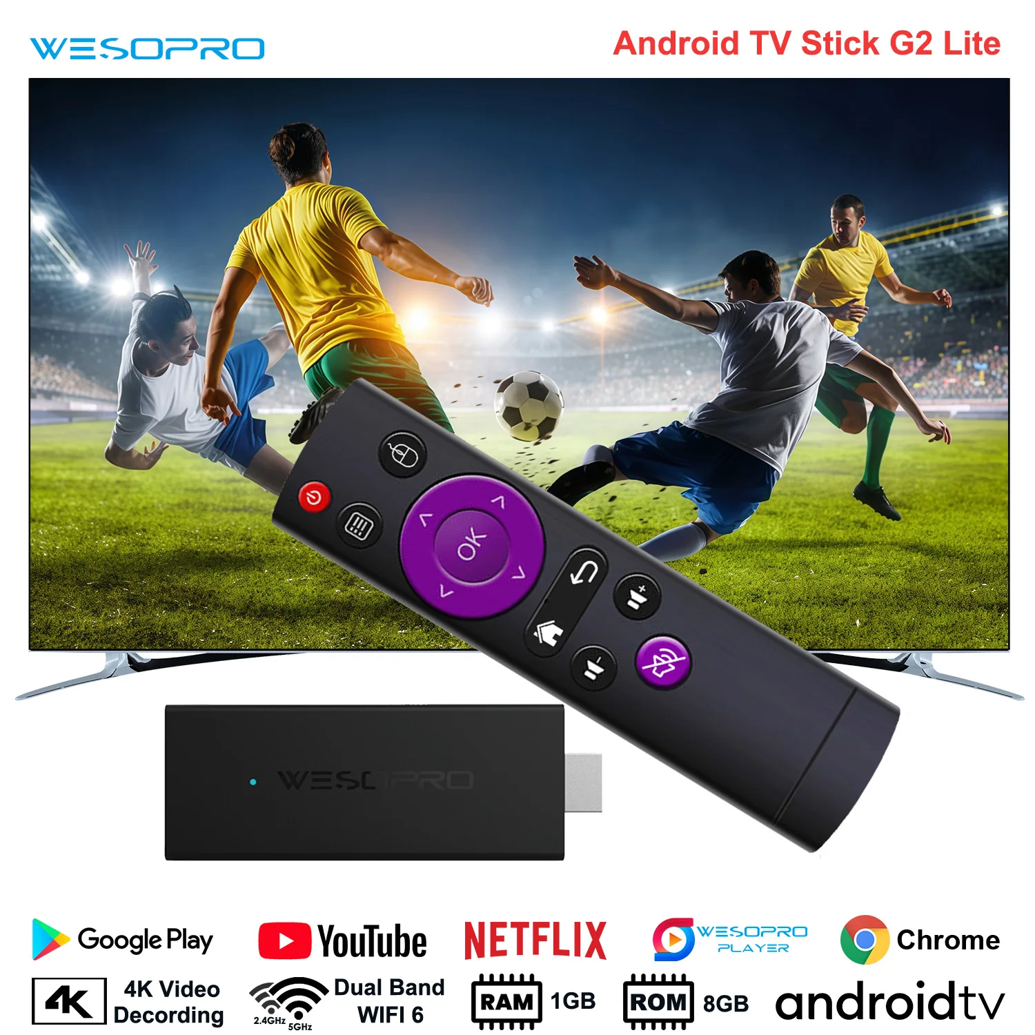 WESOPRO Android TV Stick G2 Lite Smart IPTV Dongle 1 GB RAM 8 GB ROM 2,4 GHz 5,0 GHz Wifi 4K Dekodierung Streaming Media VS Fire Stick