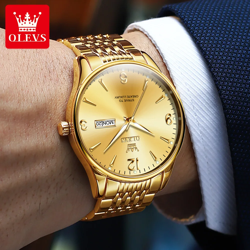 OLEVS Luxury Brands Original Quartz Men\'s Watches Waterproof Fashion Gold Wristwatch for Male Luminous Butterfly Buckle Watch