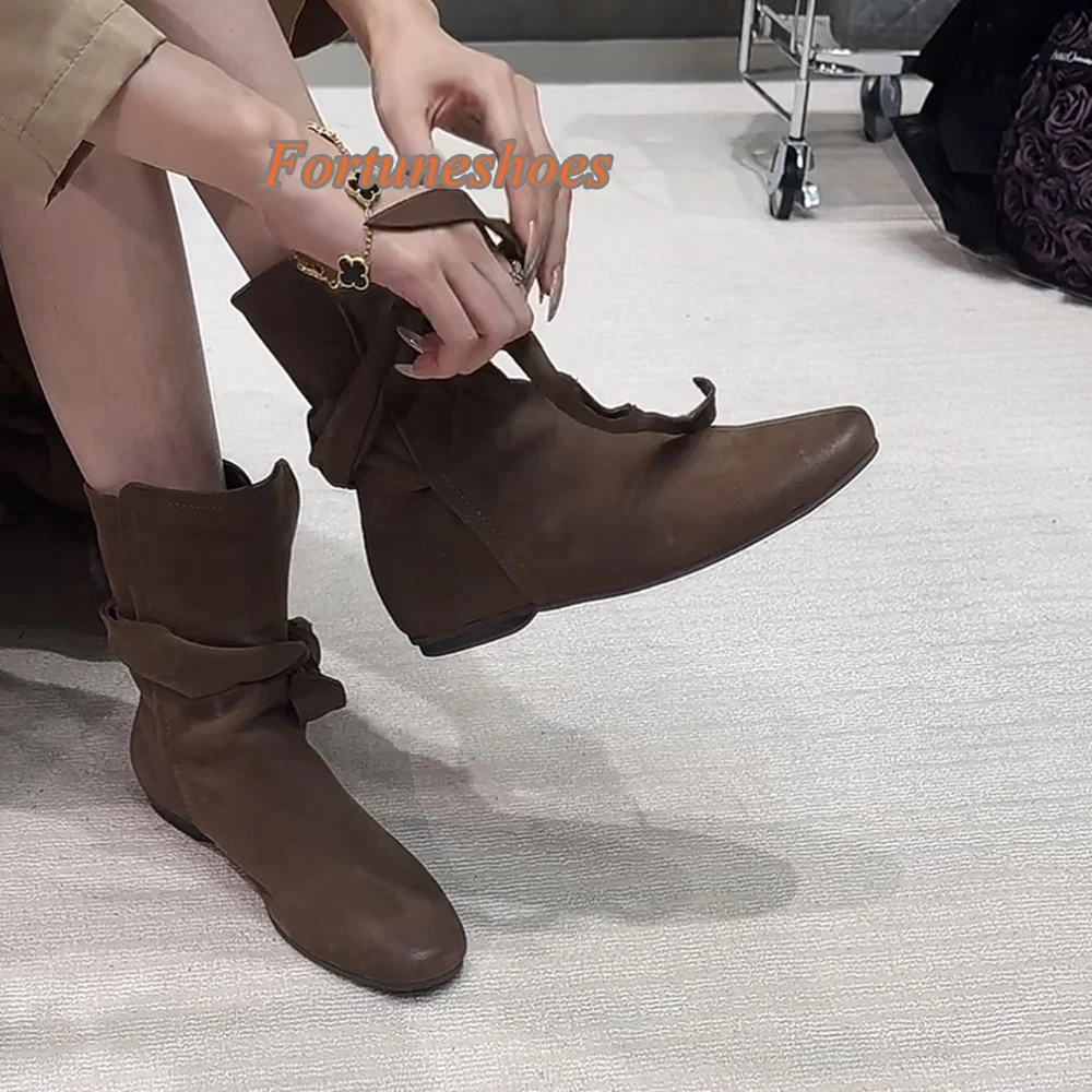 Altura crescente 5.5cm botas meados de bezerro enrolamento cinta fivela de cinto botas dedo do pé redondo couro genuíno moda casual 2025 novas botas