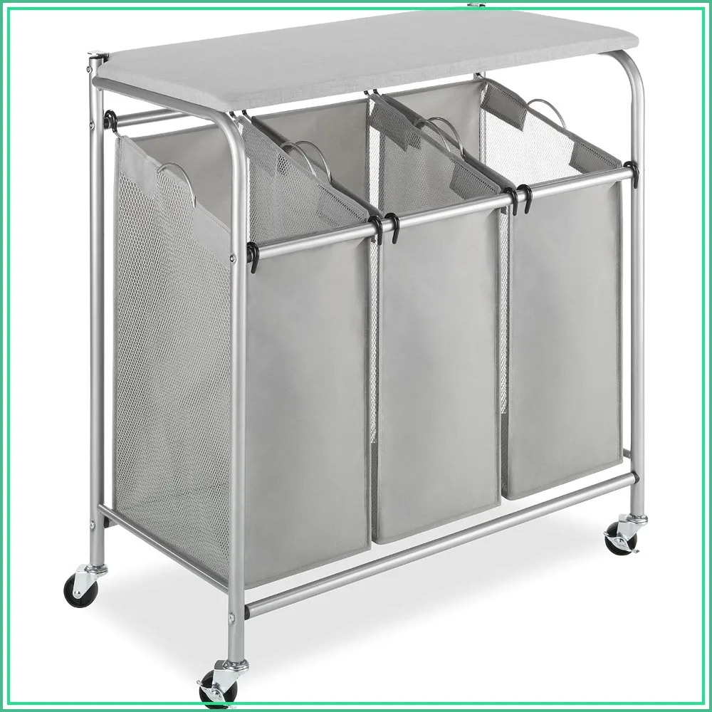 3-Section Rolling Laundry Sorter with Folding Station & Ironing Board, Chrome/Gray