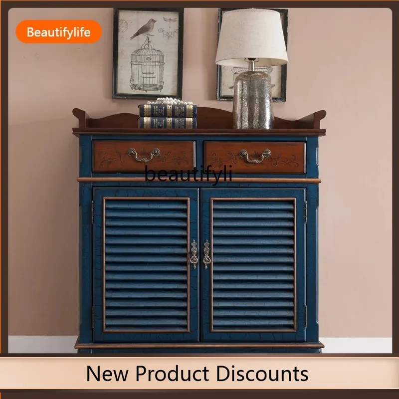 f09 American Style Shoe Cabinet Vintage Distressed Blue Shutter Breathable Shoe Rack Large Capacity Storage Cabinet Full Set