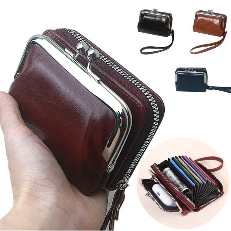 Womens Wallet Small Rfid Ladies Compact Bifold Leather Vintage Coin Purse With Zipper Kiss Lock Multifunctional Coin Card Holder