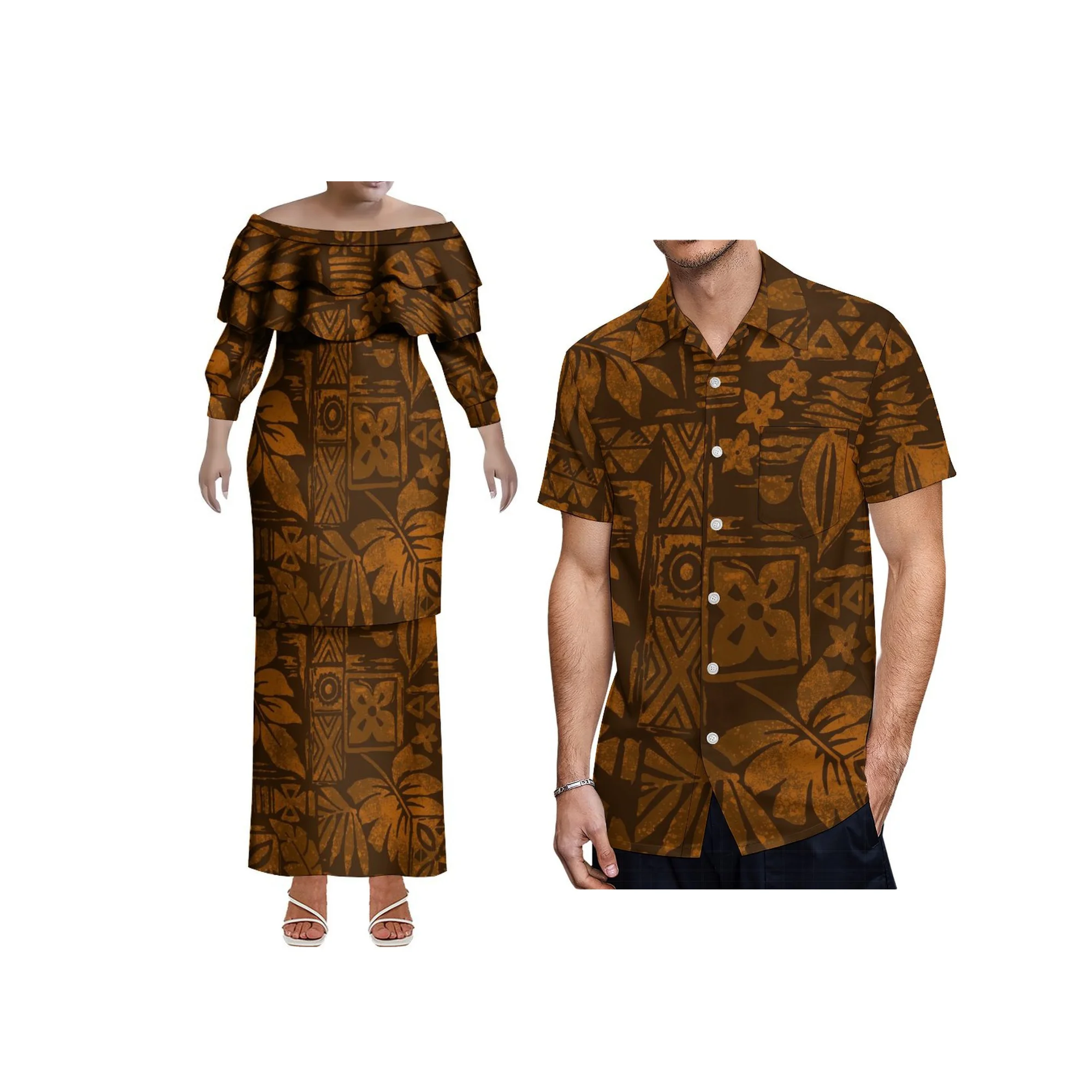 Melhor preço Atacado personalizado tonga puletasi vestido feminino manga longa um ombro dupla camada babado tamanho grande vestido 2 peça conjunto