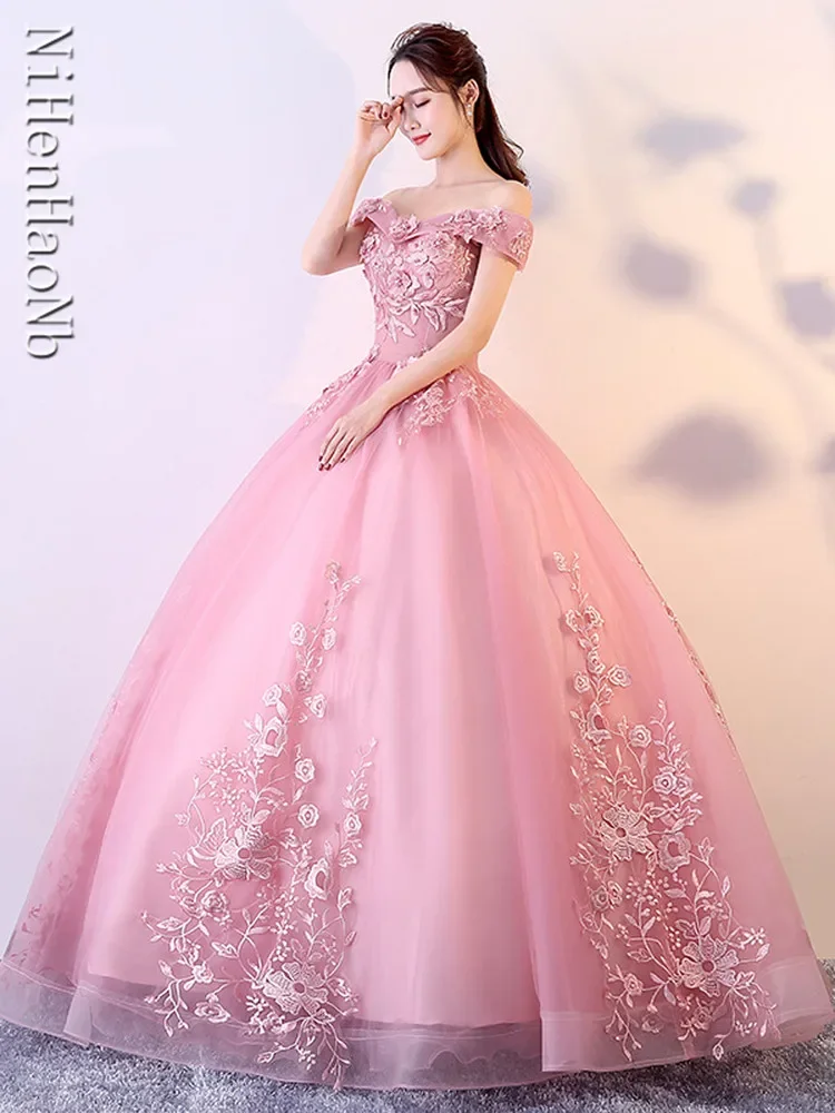 Vestidos De quinceañera con hombros descubiertos, apliques De cuentas, vestido De baile De graduación, Vestidos De baile De Mascarada hinchados, rojo y rosa