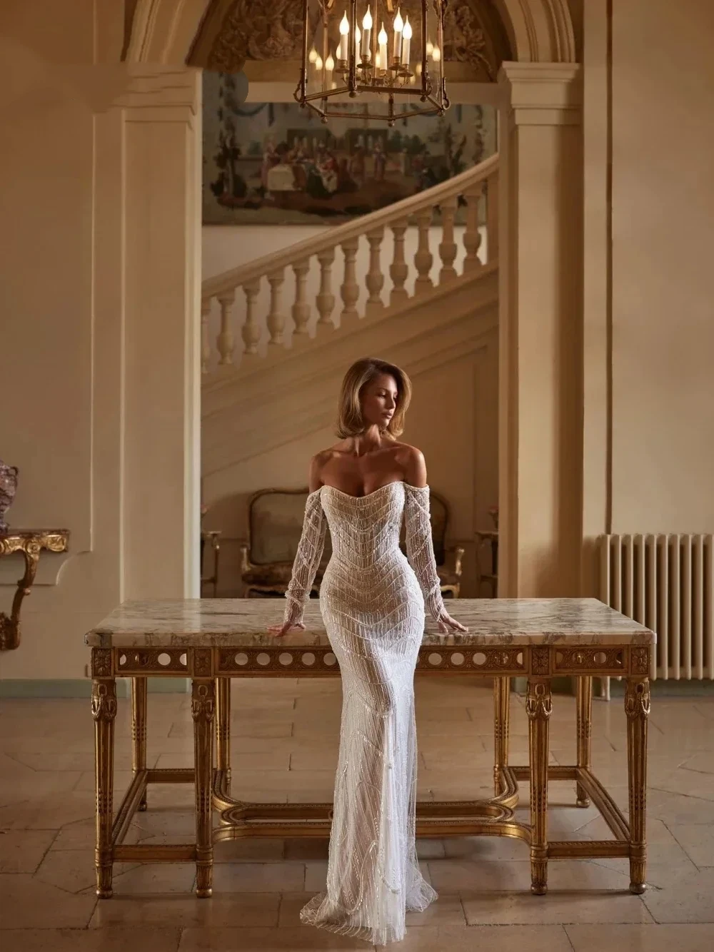 Customized Luxurious Mermaid Lace Beaded Women's Wedding Dress Sexy Exposed Strap Detachable Skirt Bridal Dress Vestido De Novia