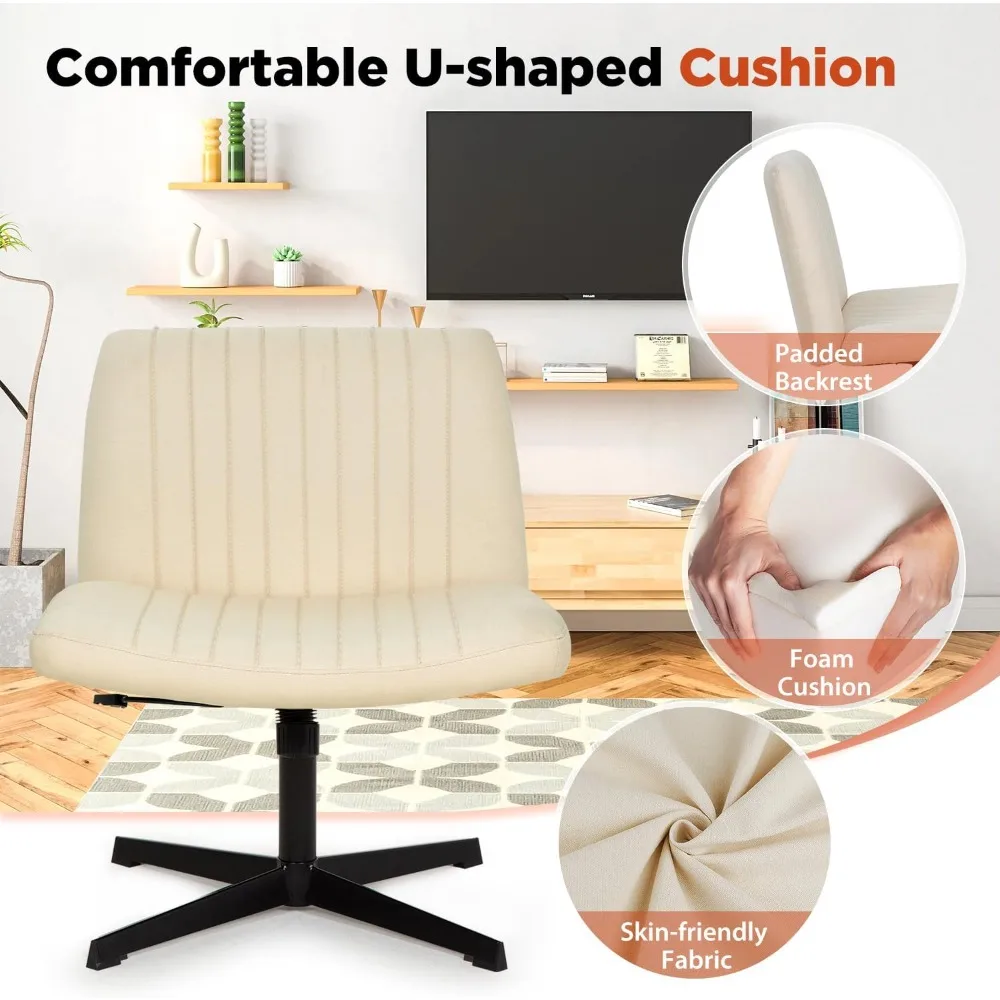 Wide Comfty Desk Chair with No Wheels  Height Adjustable,Swivel Fabric Vanity Chair Computer Task Chair