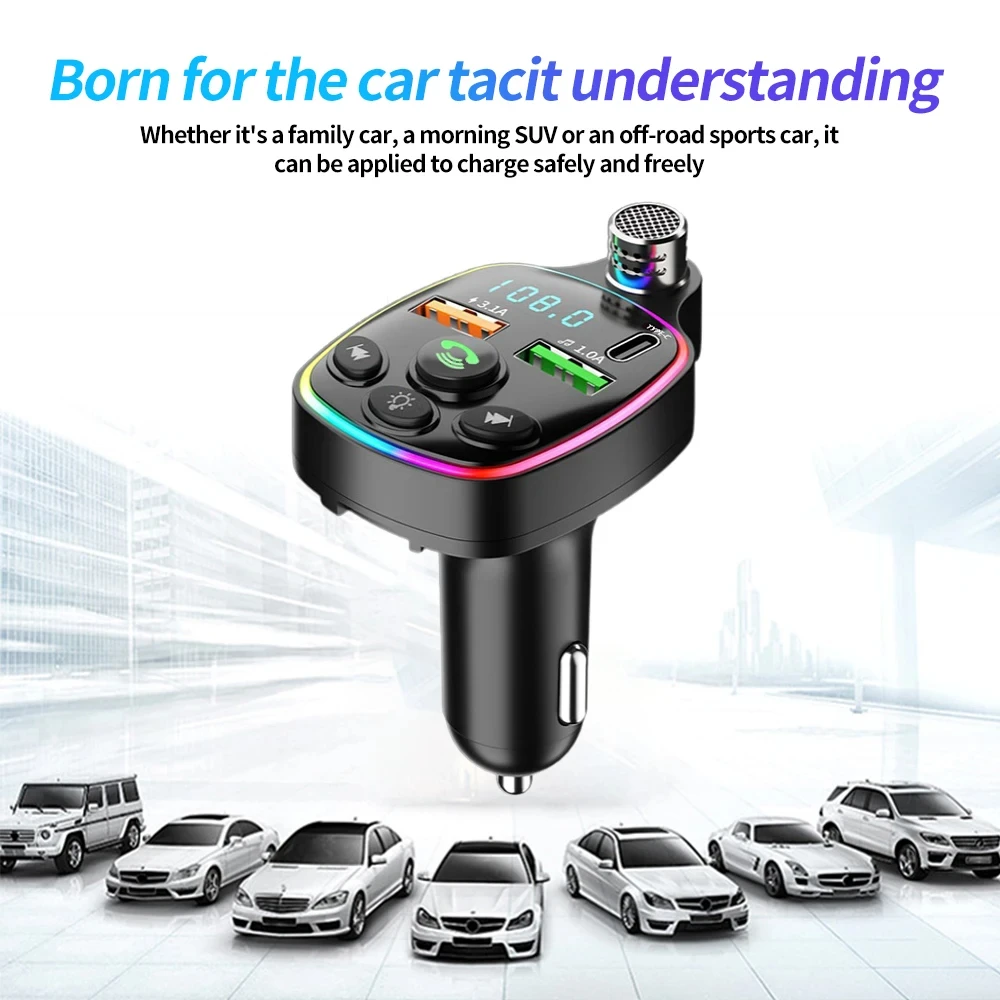 Car Bluetooth 5.0 Charger Q11 FM Transmitter Dual USB 3.1A PD 20W Colorful Ambient Light Cigarette Lighter MP3 Music Player