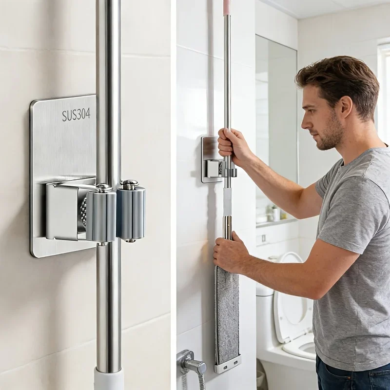 3pcs Heavy-Duty Stainless No-Drill Wall-Mounted Mop Hook & Broom Holder - Multi-Hook Suitable for Bathroom,  Utility Hooks