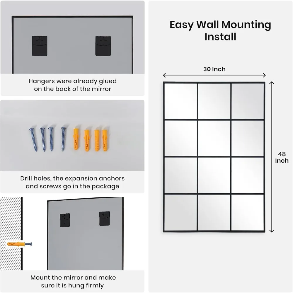 مرآة فنية سوداء مثبتة على الحائط، مقاس 30 × 48 بوصة، مرآة مائل مزخرفة على طراز المزرعة لغرفة النوم
