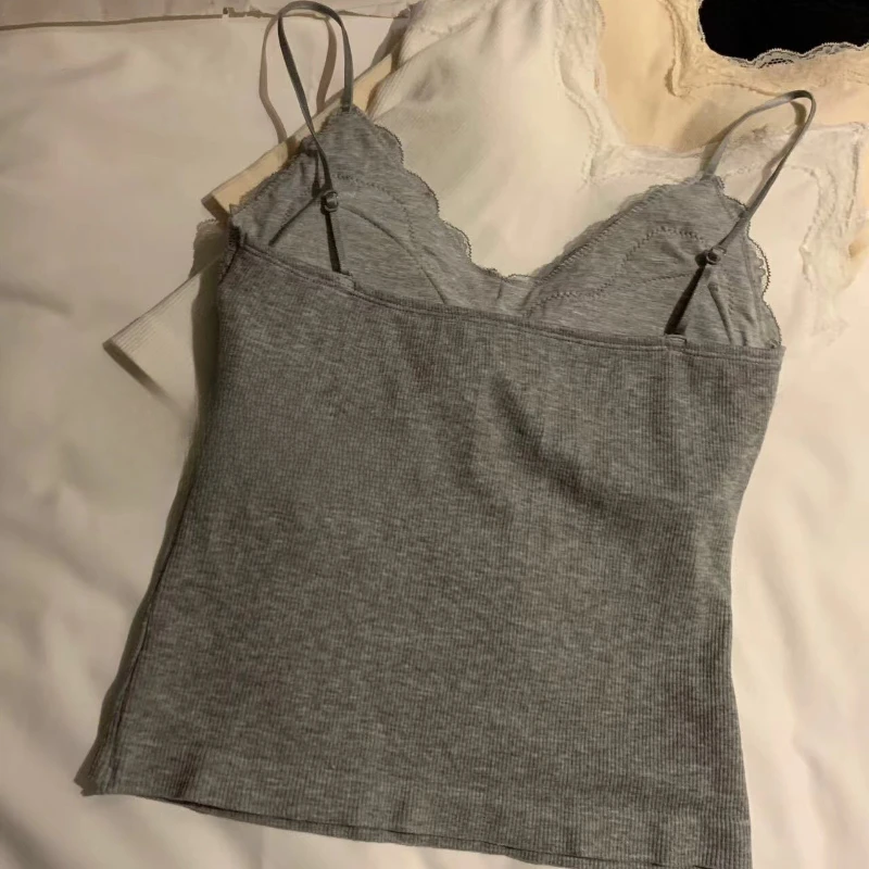 Women Sleeveless Tank Tops Solid Color Korean Version V Neck Slim Fashion Lace Stitching With Chest Pad Camisole