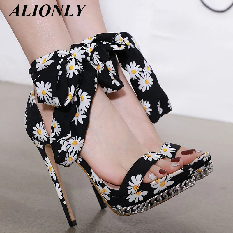 Alionly 2023 New Women Shoes Chrysanthemum Metal Chain Decoration 14CM Ultra High Heel Sandals for Women