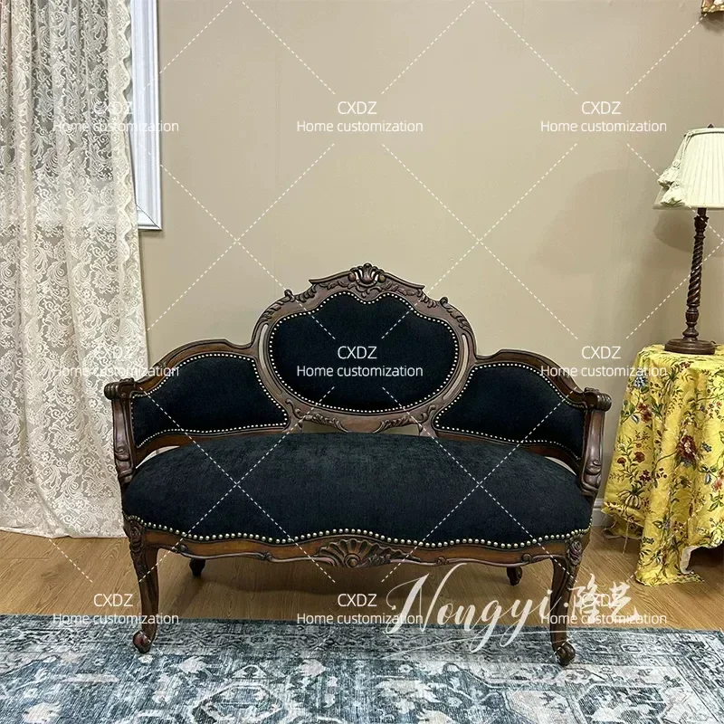 Vintage Carved Double Sofa Chair Country Style for Bedroom Cafe Medieval Studio Bar