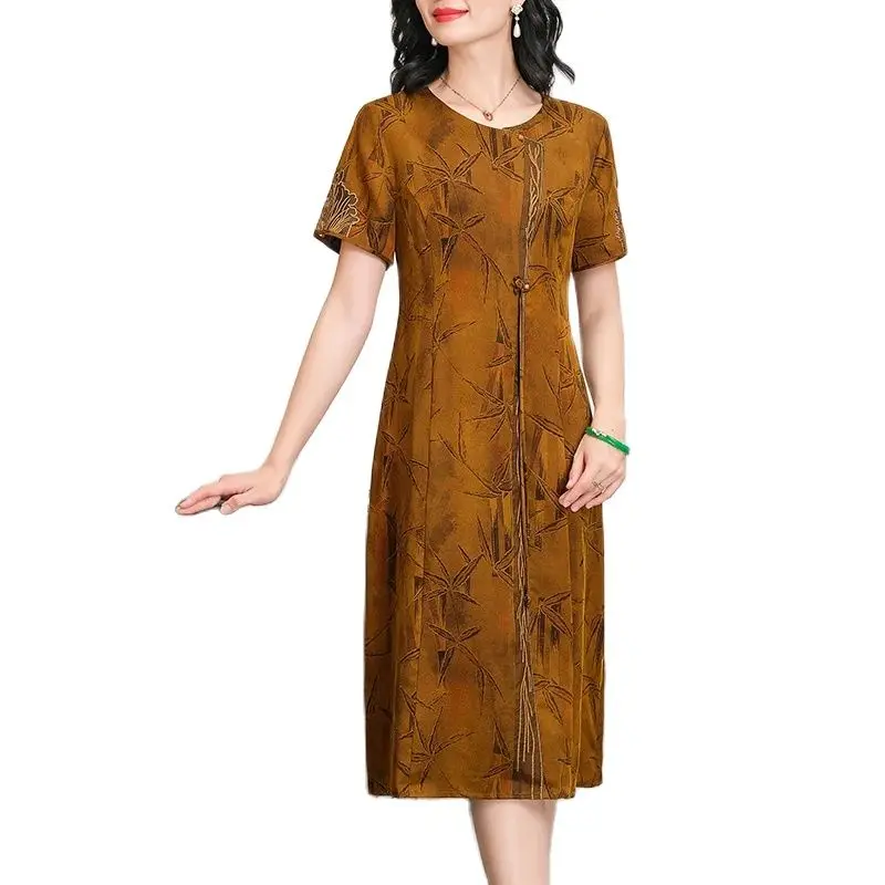 BirdTree-vestido de seda 100% auténtica para mujer, vestido elegante de manga corta, estampado Vintage de gran tamaño, D44841QC