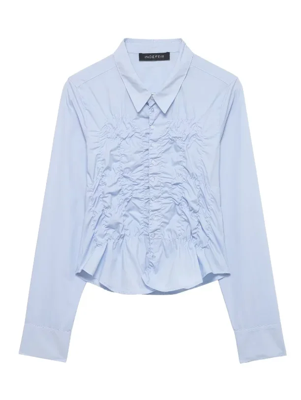 

Lady Commute Shirts 2026 Solid Blue Waist Cinching Ruffle Shirt Women Casual Full Sleeve Single Breasted Lapel V-neck Blouse
